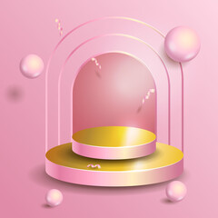 podium background with oval geometric platforms and an arch in the background. Summer background vector 3d rendering with podium. stand for the demonstration of cosmetic products. Showcase scene on