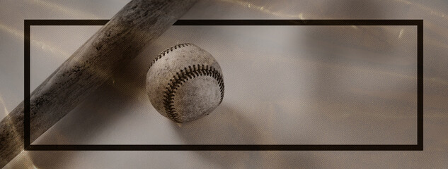 Nostalgia sports background for baseball game with old used ball and bat by frame border, copy space beside vintage equipment.