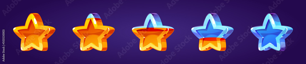 Poster set of stars, game score elements from full to empty row. ui or gui rate yellow golden glossy assets