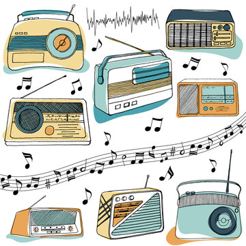 Different retro radio and music notes on white background. Hand drawn vector illustration. 
