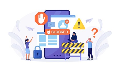 Fototapeta na wymiar People are very surprised and feeling anxious about blocked user account. Experts help user to unblock account. Cyber crime, hacker attack, censorship or ransomware activity security. Vector design