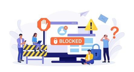 People are very surprised and feeling anxious about blocked user account. Experts help user to unblock account. Cyber crime, hacker attack, censorship or ransomware activity security. Vector design