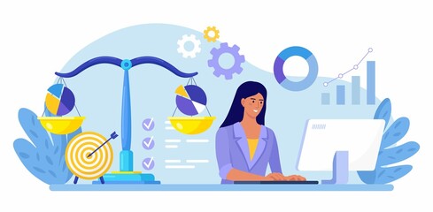 Benchmarking as business compare tool for improvement, progress. Woman analyse data, statistics. Scales with Charts, graphs. Comparison of quality and cost, performance to competitor companies. Vector