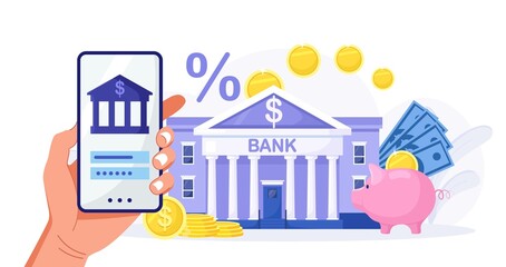 Mobile banking and finance management. Internet payments, transfers and deposits. Human hand hold smartphone for online banking and accounting. Manage finances save for future investment Vector design
