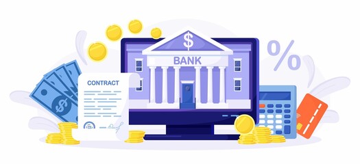 Mobile banking and internet payment. Online bank agreement. Loan contract. Financial building on computer screen. Banking Operation. Financial transactions, payments, money transfers and bank account.