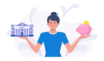 Woman choosing between bank and piggybank, thinking about instrument for saving, planning budget. Money savings. investment. Bank loan and economy choice. Financial literacy. Vector design