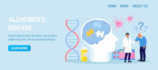 Senior patient hold his head and suffering from Alzheimer's disease, amnesia, getting medical help. Memory loss, brain illness treatment. Alzheimer disease, dementia, dotage. Neurology, mental therapy
