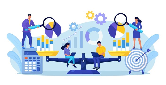 Benchmarking As Business Compare Tool For Improvement, Progress. People With Laptop Sits On Scale And Balances With Charts, Graphs. Comparison Of Quality And Cost, Performance To Competitor Companies.