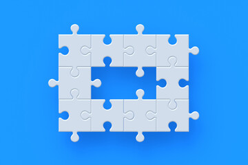 Unfinished white jigsaw puzzle pieces on blue background. 3d render