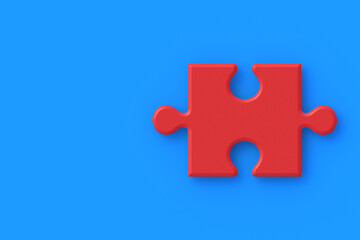 Red jigsaw puzzle piece on blue background. Copy space. 3d render