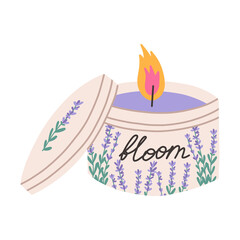 Burning candle in jar with blooming lavender scent, flat vector illustration isolated on white background. Hand drawn trendy candle with spring flower fragrance. Spa and aromatherapy con
