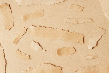 Recycled paper craft ripped pieces on brown background