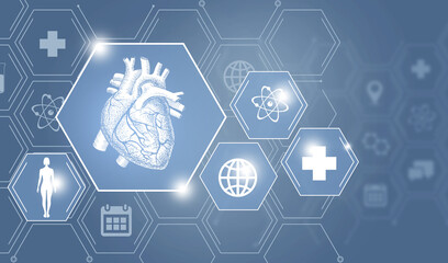 Graphic illustration of Heart organ marked by hexagon molecule. Healthcare concept background with medical icons.