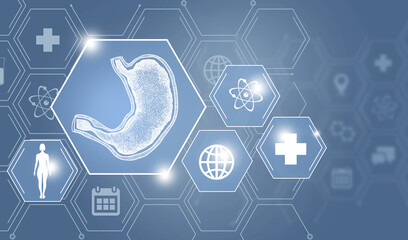 Graphic illustration of Stomach organ marked by hexagon molecule. Healthcare concept background with medical icons.