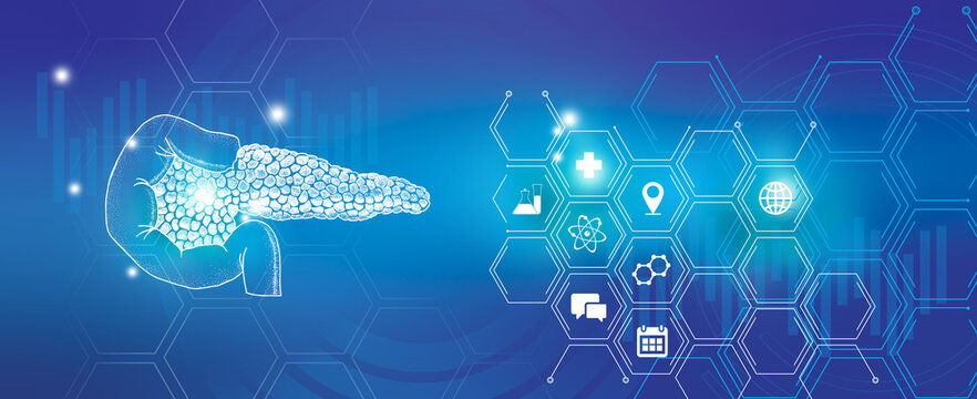 Graphic illustration of Pancreas organ visualization. Healthcare concept background with medical icons.
