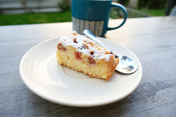 slice of rhubarb pie on plate on garden table