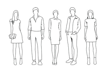 Vector silhouettes of  men and a women, a group of standing  business people,  linear sketch, black, gray and white color isolated on white background