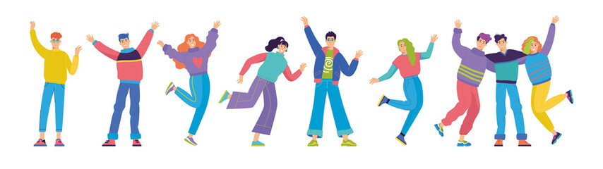 Set of happy young fashion-dressed people. Birthday party with friends. Flat cartoon colorful vector illustration. Funny characters. 