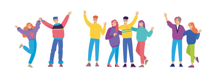 Set of happy young fashion-dressed people. Birthday party with friends. Flat cartoon colorful vector illustration. Funny characters. 