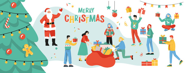 Set of happy young cartoon people celebrate Christmas and get presents out of the Santa's bag. Flat colorful vector illustration. 