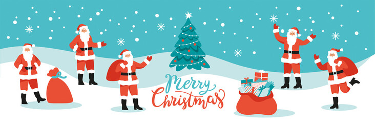 Set of Santa Clauses in a winter landscape background stand around the Christmas tree. Flat cartoon colorful vector illustration. Isolated images on a blue background.