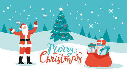 Santa claus stands with a bag of presents near Christmas tree in winter landscape. Cheerful fun character. Merry Christmas lettering. Flat cartoon vector illustration. 