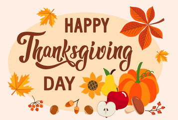 Thanksgiving greeting card. vector image.harvest, leaves, pumpkin, calligraphy