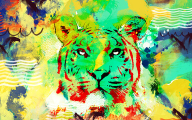  tiger close up beautiful paint stroke on white background.