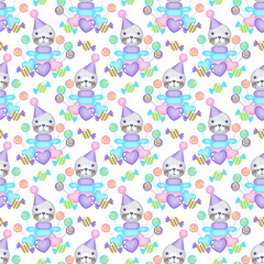 Obraz premium Cartoon vector seamless pattern with a seal, sweets and hearts on a white background. Kids' holiday, party, birthday.