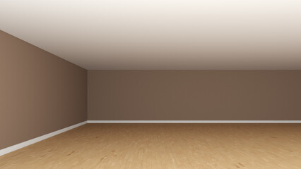 Interior with Light Brown Walls, White Ceiling, Wooden Parquet Floor and a White Plinth. Empty Interior Corner without Furniture, Frontal View. 3d rendering, 8K Ultra HD, 7680x4320, 300 dpi
