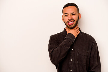 Young hispanic man isolated on white background touching back of head, thinking and making a choice.