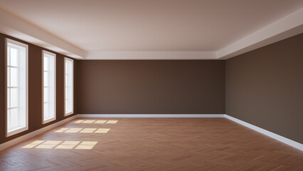 Beautiful Empty Sunlit Interior with Brown Walls, Three Large Windows, Cornice, Parquet Floor and a White Plinth. 3d illustration with a Work Path on the Windows. 8K Ultra HD, 7680x4320