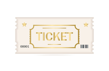 Gold ticket 3d banner. An offer or advertisement to buy a ticket for a concert, show, movie. The concept of an individual entrance, access to a party, an invitation to an entertainment program. Vector