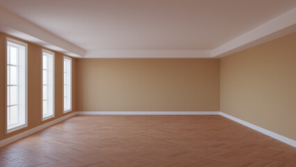 Empty Interior with Beige Walls, Cornice, Three Large Windows, Parquet Floor and a White Plinth. 3d Rendering with a Work Path on the Windows. 8K Ultra HD, 7680x4320 © SK-Studio