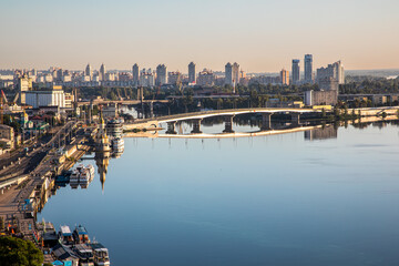 Fototapeta premium Aerial view of Kiev in morning in summer, Podol district, city center, Ukraine