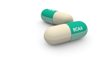 Capsules with biological additives on a white background. Proteinogenic BCAA acids. Close-up. Medicine and pharmacology. 3D rendering. Illustration.