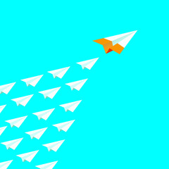 Businessman standing holding binocular on paper airplane go to flag orange. on blue background. go to goal and business finance success. leadership. creative idea. cartoon vector illustration
