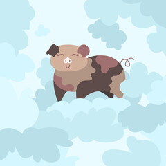 Pig in the sky. Vector. Cute pig. Blue sky. 