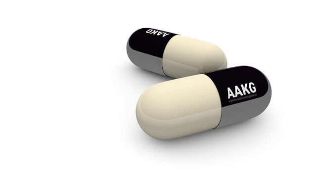 Capsules with biological additives on a white background. Supplement arginine alpha-ketoglutarate AAKG. Close-up. Medicine and pharmacology. 3D rendering. Illustration.