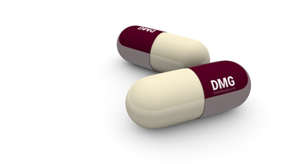 Capsules with biologically active additives on a white background. The chemical DMG. Close-up. Medicine and pharmacology. 3D rendering. Illustration.