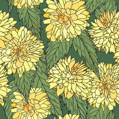 Vintage pattern with yellow flowers. Illustration with yellow marigolds and leaves.