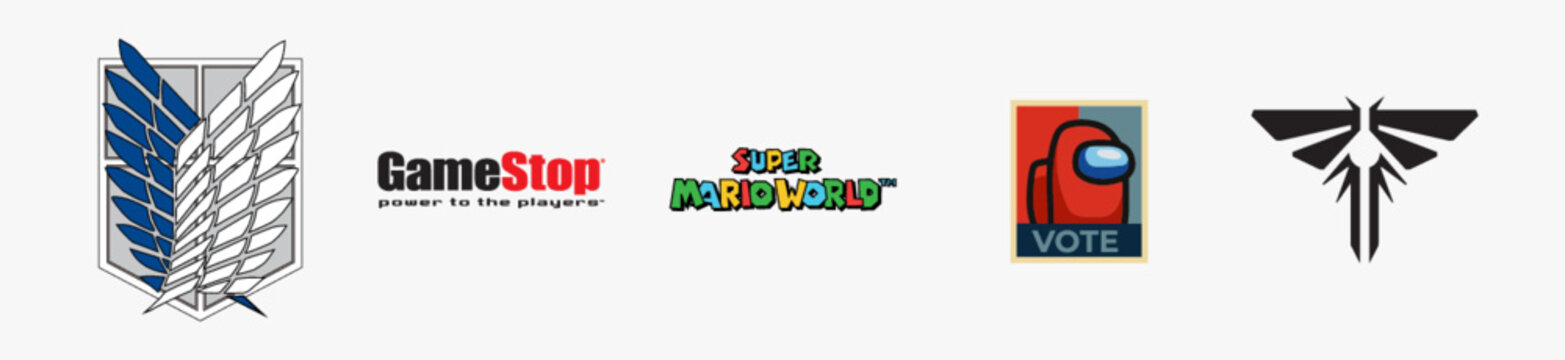 vote among us Logo, Gamestop Logo, Last of Us - Fireflies Logo, Super Mario World Logo, Wings of Freedom 2021 Logo. Game vector logo illustration. Isolated vector logo on white background.