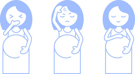 Vector icons set of a pregnant woman in different states of health. Illustration of a future mother with headache, nausea and in good health.