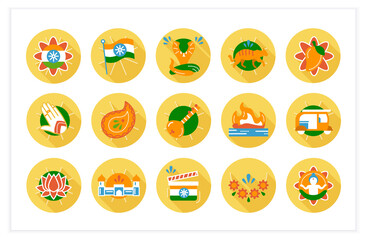 Indian culture flat icons set. National traditions and customs, festivals, religious symbols, ceremonies, cultural heritage, monuments and more. Color vector illustrations