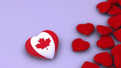 Hearts on a light background. Flag of Canada. Independence Day. A symbol of patriotism. 3D rendering. Illustration.