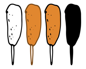 Corn dogs in a flat style. The set is an isolated element of street food sausage on a breaded skewer, hand-drawn in the style of orange doodles, black outline and silhouette on white for a design temp
