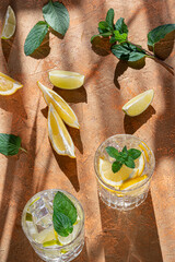 Fruit cocktails  or ice tea with lemon,i ce and mint. Summer refreshing beverage.