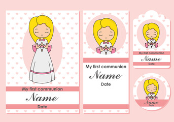 First communion card, bookmark, label and sticker set for girl	
