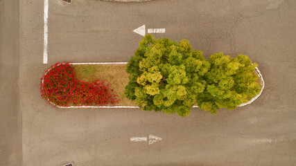 Aerial shot of a floral road median in a parking lot entrance in the daylight - obrazy, fototapety, plakaty