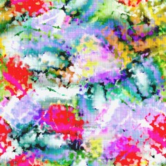 Obraz na płótnie Canvas Messy summer tie dye batik beach wear pattern. Seamless colorful stain space dyed effect fashion. Washed out soft furnishing background. 